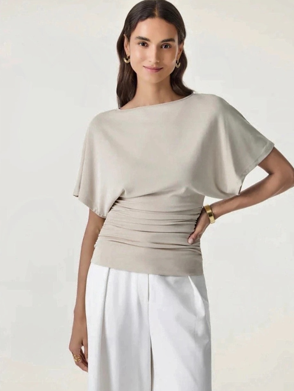 OGL Effortless Boatneck Batwing Sleeve Side Ruched Top NWT